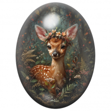 Cabochon en Verre Illustré Faon Couronné de Fleurs dans la Forêt 13x18, 18x25 ou 30x40mm pour la Création de Bijoux Fantaisie - 