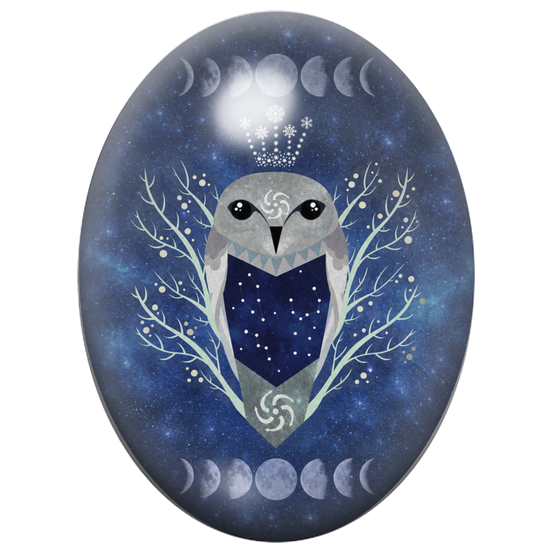 Cabochon en Verre Illustré Chouette Céleste aux Phases de Lune 13x18, 18x25 ou 30x40mm