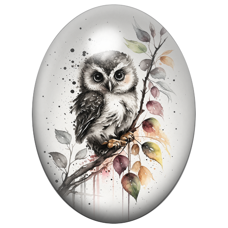 Cabochon en Verre Illustré Petite Chouette à l’Aquarelle 13x18, 18x25 ou 30x40mm