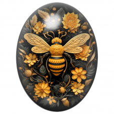 Cabochon en Verre Illustré Abeille Dorée parmi les Fleurs Noires 13x18, 18x25 ou 30x40mm pour la Création de Bijoux Fantaisie - 