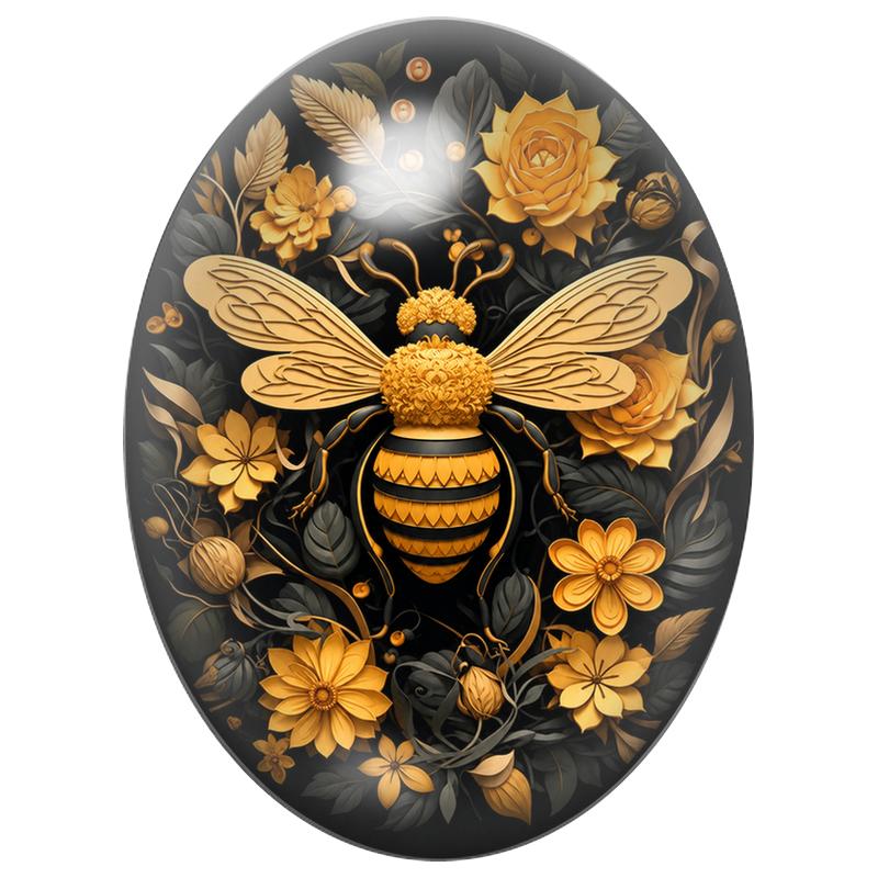 Cabochon en Verre Illustré Abeille Dorée parmi les Fleurs Noires 13x18, 18x25 ou 30x40mm