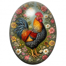 Cabochon en Verre Illustré Coq Coloré au Jardin Fleuri 13x18, 18x25 ou 30x40mm pour la Création de Bijoux Fantaisie - DIY
