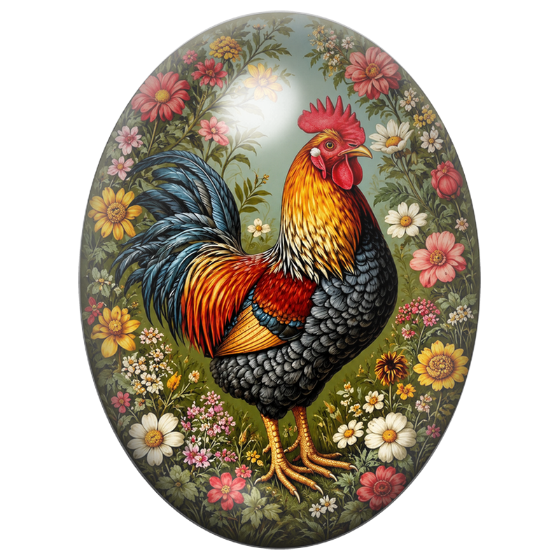 Cabochon en Verre Illustré Coq Coloré au Jardin Fleuri 13x18, 18x25 ou 30x40mm