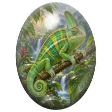Cabochon en Verre Illustré Caméléon Vert près d’une Cascade 13x18, 18x25 ou 30x40mm pour la Création de Bijoux Fantaisie - DIY