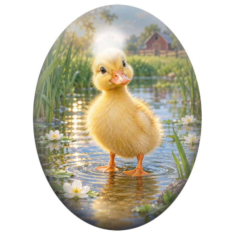 Cabochon en Verre Illustré Caneton Jaune dans une Mare Fleurie 13x18, 18x25 ou 30x40mm