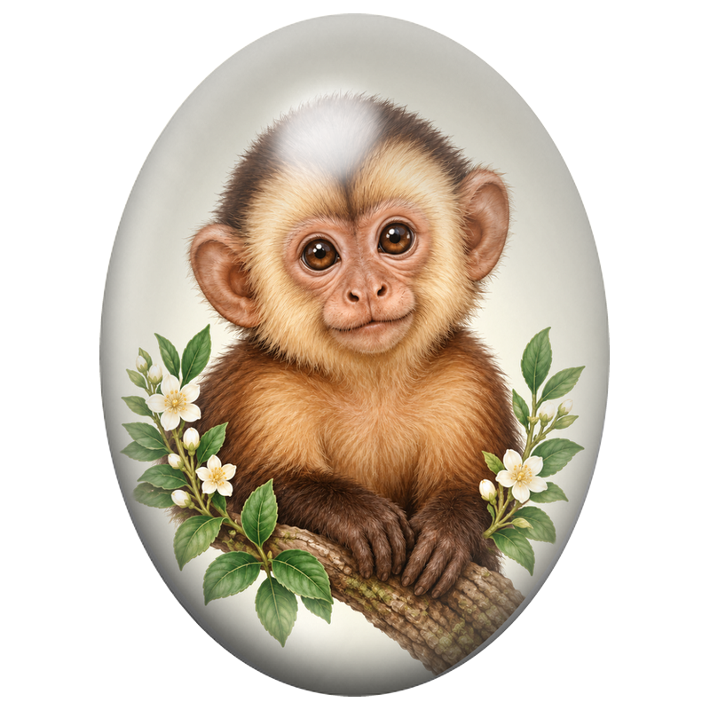Cabochon en Verre Illustré Bébé Singe aux Fleurs Blanches 13x18, 18x25 ou 30x40mm