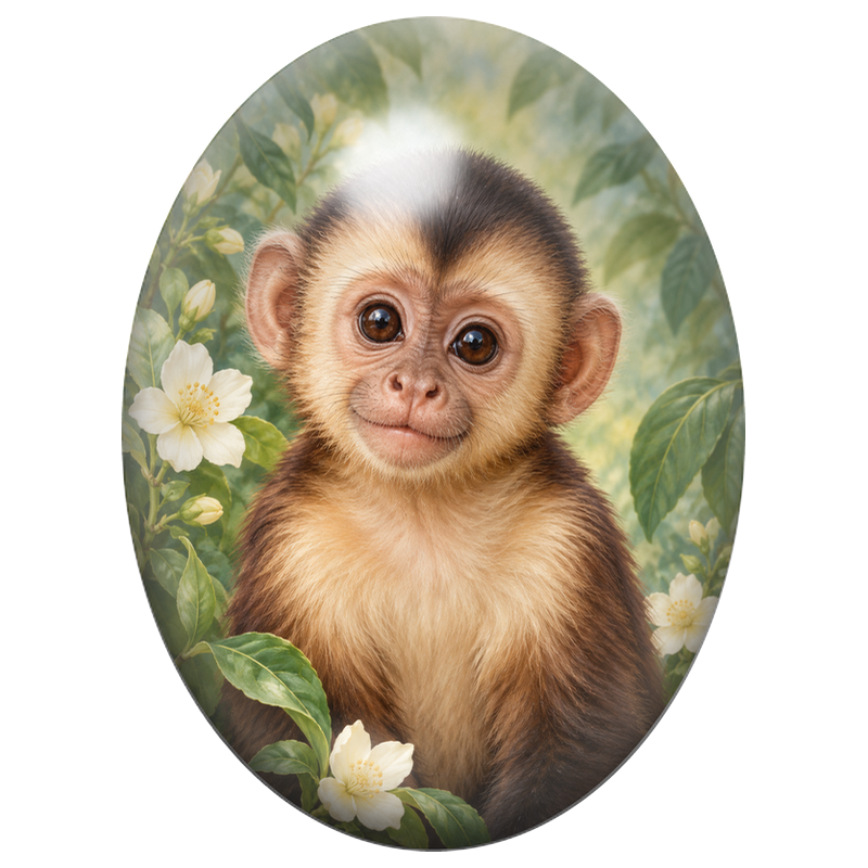 Cabochon en Verre Illustré Jeune Singe dans le Feuillage Fleuri 13x18, 18x25 ou 30x40mm