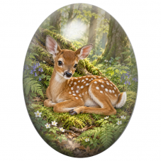 Cabochon en Verre Illustré Faon Couché dans un Sous-Bois Fleuri 13x18, 18x25 ou 30x40mm pour la Création de Bijoux Fantaisie - D