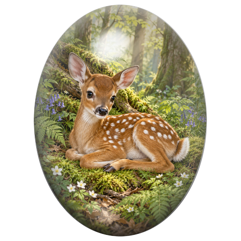 Cabochon en Verre Illustré Faon Couché dans un Sous-Bois Fleuri 13x18, 18x25 ou 30x40mm