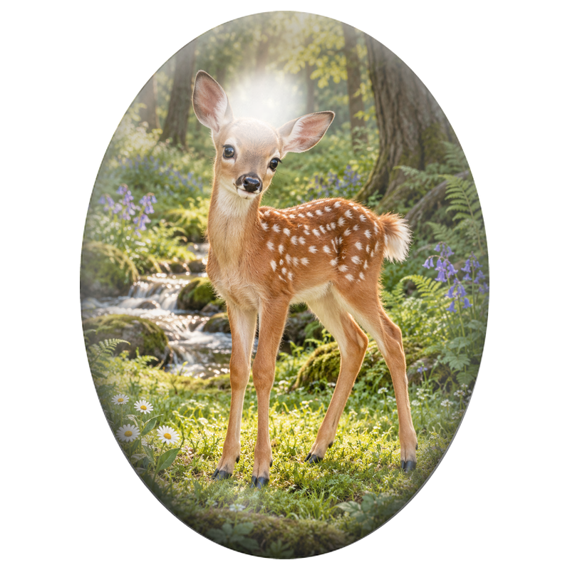 Cabochon en Verre Illustré Faon Debout près d’un Ruisseau 13x18, 18x25 ou 30x40mm