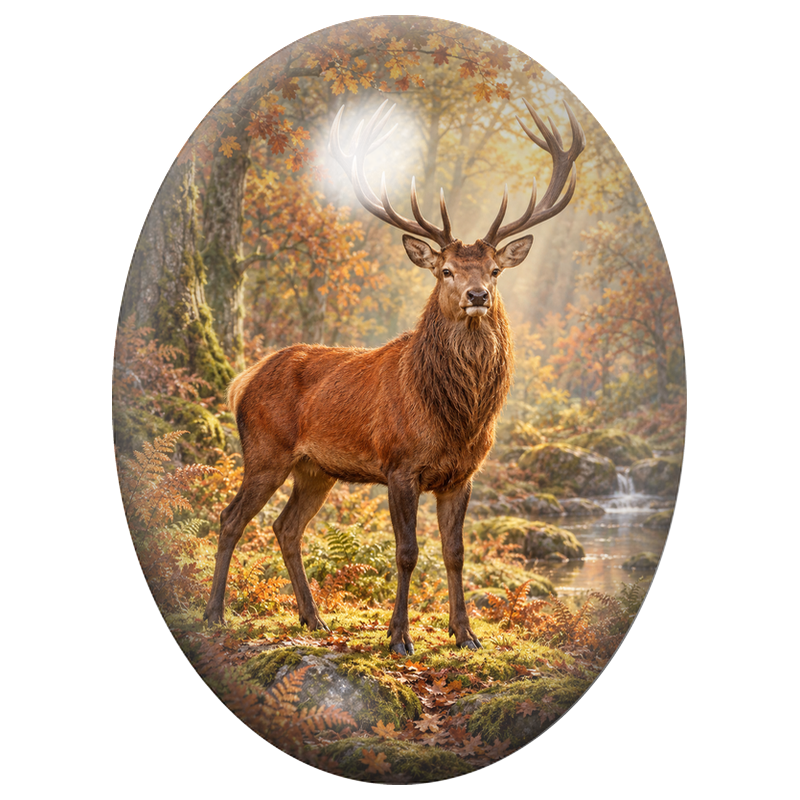 Cabochon en Verre Illustré Cerf Majestueux dans la Forêt d’Automne 13x18, 18x25 ou 30x40mm