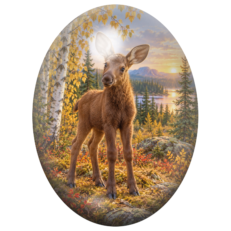 Cabochon en Verre Illustré Jeune Élan au Crépuscule d’Automne 13x18, 18x25 ou 30x40mm