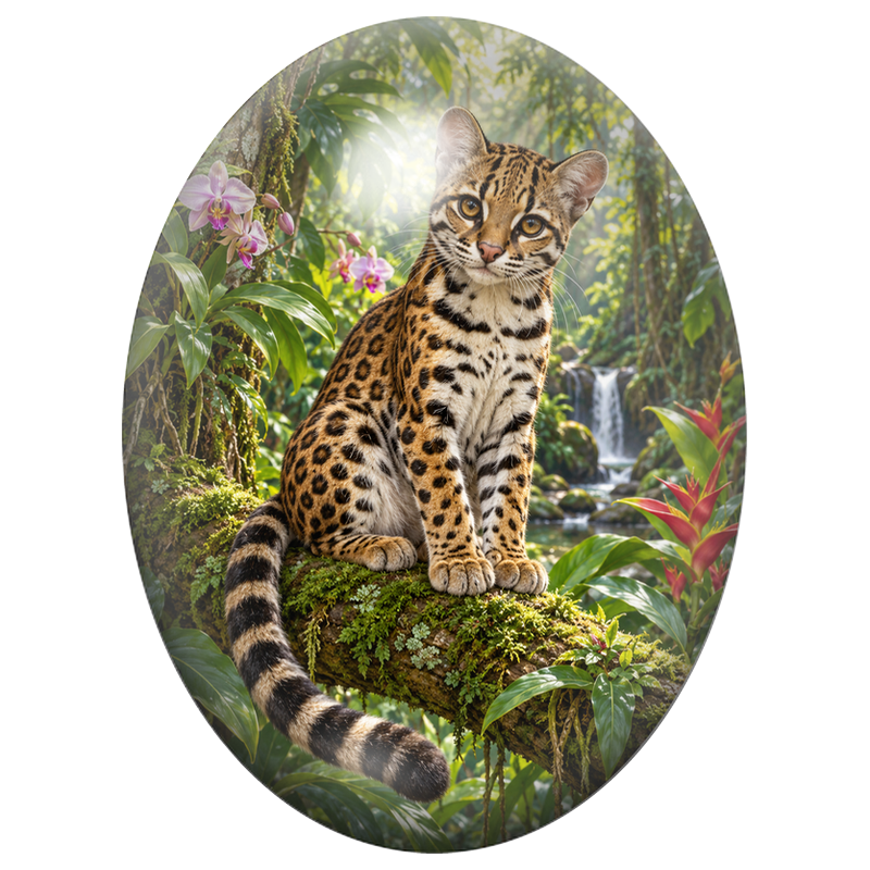 Cabochon en Verre Illustré Ocelot dans la Jungle Tropicale 13x18, 18x25 ou 30x40mm