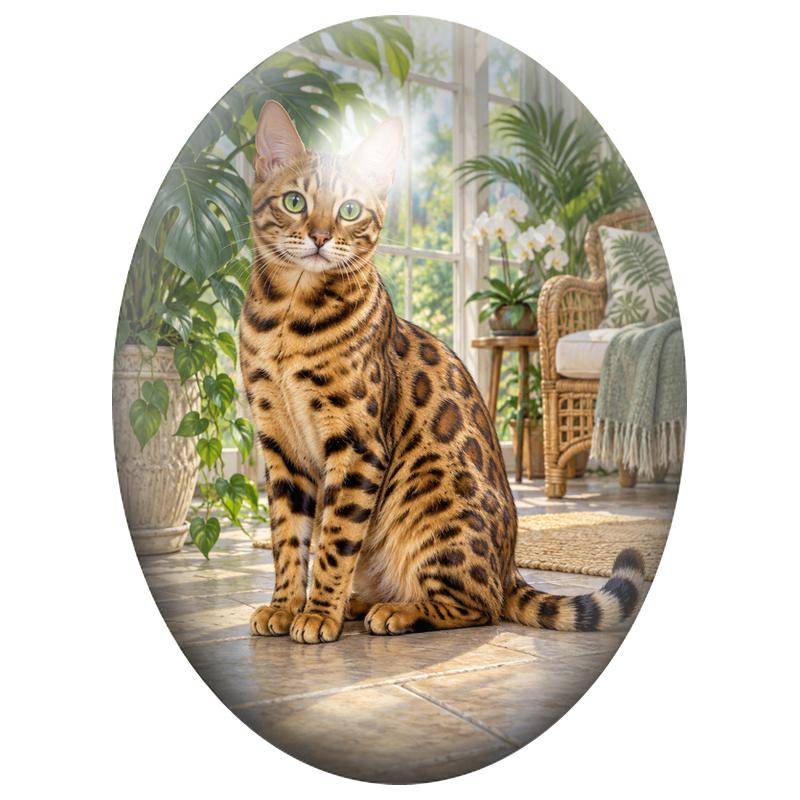 Cabochon en Verre Illustré Chat Bengal dans une Véranda Tropicale 13x18, 18x25 ou 30x40mm