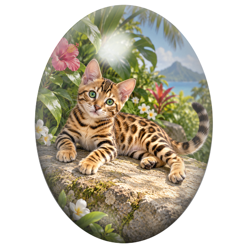 Cabochon en Verre Illustré Chaton Bengal dans un Jardin Exotique 13x18, 18x25 ou 30x40mm