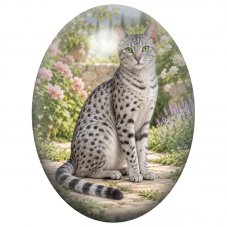 Cabochon en Verre Illustré Chat Gris Tacheté dans un Jardin Fleuri 13x18, 18x25 ou 30x40mm pour la Création de Bijoux Fantaisie 