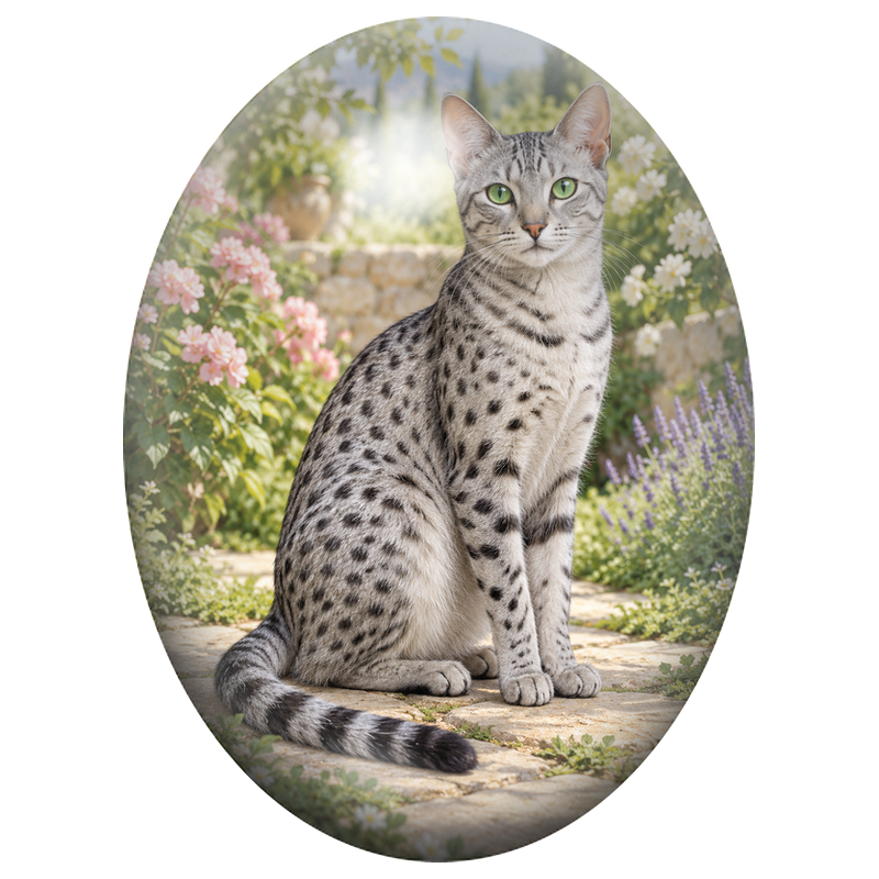 Cabochon en Verre Illustré Chat Gris Tacheté dans un Jardin Fleuri 13x18, 18x25 ou 30x40mm