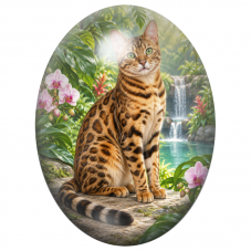 Cabochon en Verre Illustré Chat Bengal près d’une Cascade Tropicale 13x18, 18x25 ou 30x40mm pour la Création de Bijoux Fantaisie