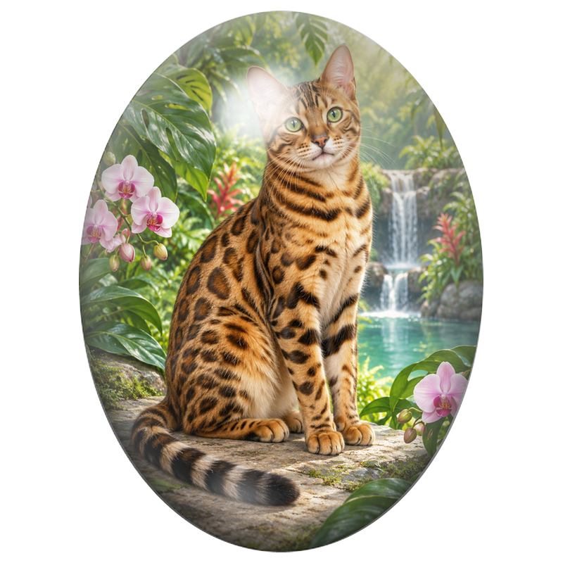 Cabochon en Verre Illustré Chat Bengal près d’une Cascade Tropicale 13x18, 18x25 ou 30x40mm