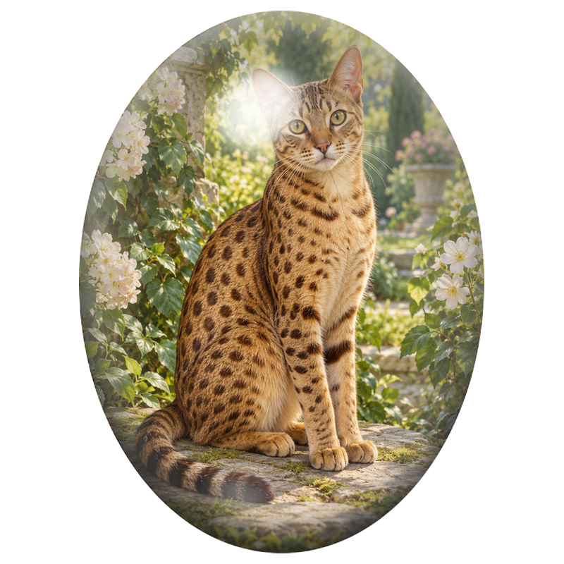 Cabochon en Verre Illustré Chat Savannah dans un Jardin de Roses 13x18, 18x25 ou 30x40mm