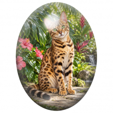 Cabochon en Verre Illustré Chat Bengal parmi les Hibiscus 13x18, 18x25 ou 30x40mm pour la Création de Bijoux Fantaisie - DIY