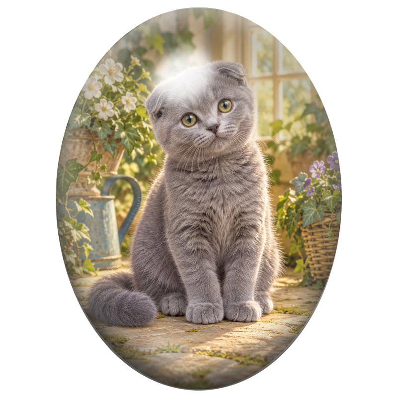 Cabochon en Verre Illustré Chaton Scottish Fold Gris au Jardin 13x18, 18x25 ou 30x40mm