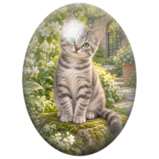 Cabochon en Verre Illustré Chaton Tigré Gris dans les Fleurs Blanches 13x18, 18x25 ou 30x40mm pour la Création de Bijoux Fantais