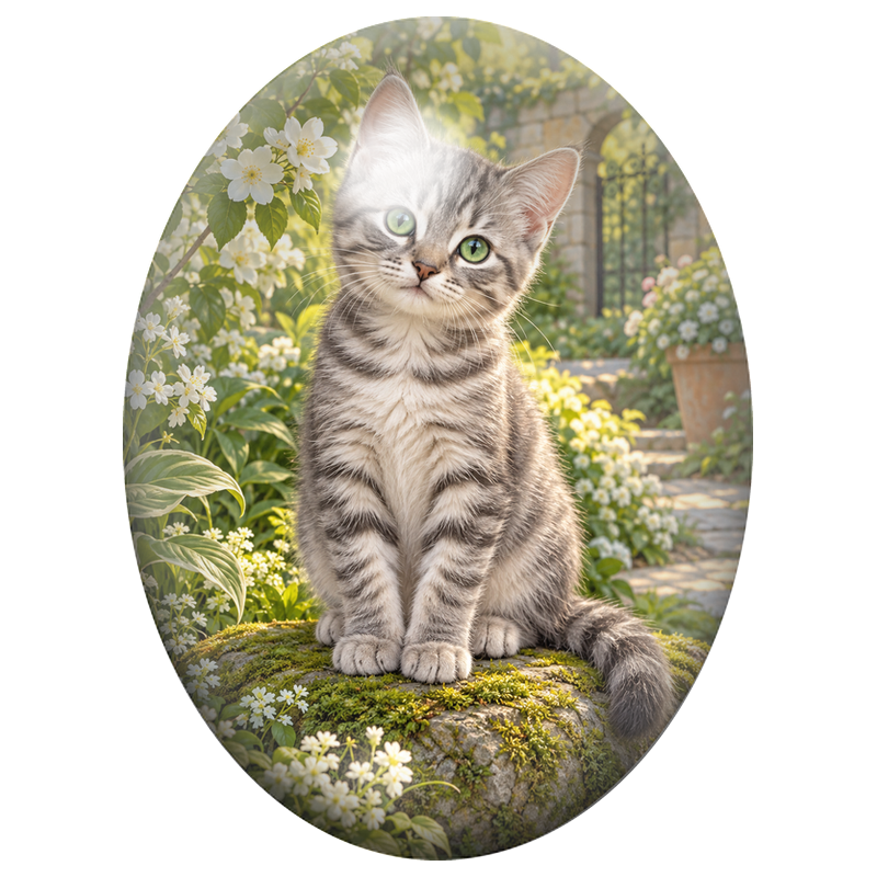 Cabochon en Verre Illustré Chaton Tigré Gris dans les Fleurs Blanches 13x18, 18x25 ou 30x40mm