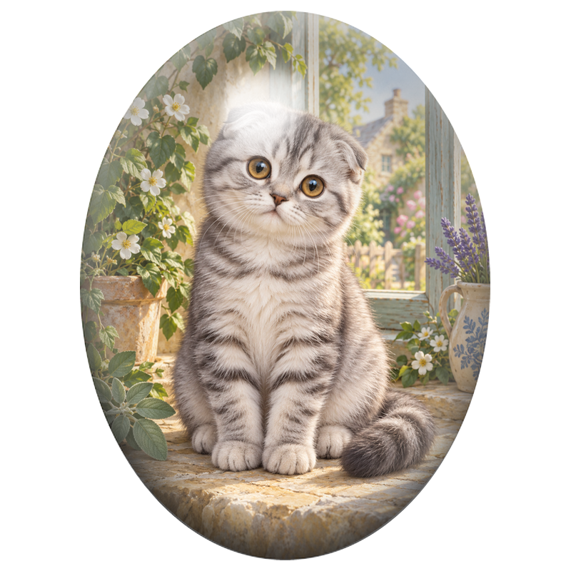Cabochon en Verre Illustré Chaton Scottish Fold Tigré au Soleil 13x18, 18x25 ou 30x40mm