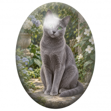 Cabochon en Verre Illustré Chat Bleu Russe dans un Jardin Romantique 13x18, 18x25 ou 30x40mm pour la Création de Bijoux Fantaisi