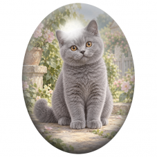 Cabochon en Verre Illustré Chaton British Shorthair Gris parmi les Roses 13x18, 18x25 ou 30x40mm pour la Création de Bijoux Fant