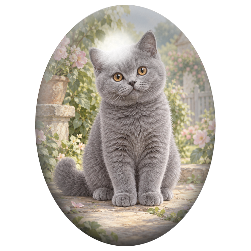 Cabochon en Verre Illustré Chaton British Shorthair Gris parmi les Roses 13x18, 18x25 ou 30x40mm