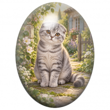 Cabochon en Verre Illustré Chaton Scottish Fold Gris dans un Jardin de Campagne 13x18, 18x25 ou 30x40mm pour la Création de Bijo