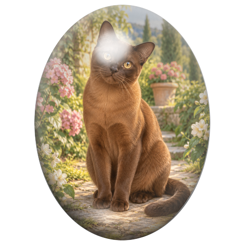 Cabochon en Verre Illustré Chat Burmese Chocolat parmi les Fleurs 13x18, 18x25 ou 30x40mm