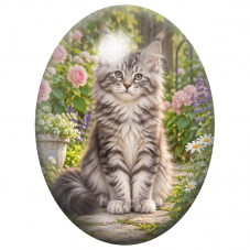 Cabochon en Verre Illustré Chaton Maine Coon Gris parmi les Roses 13x18, 18x25 ou 30x40mm pour la Création de Bijoux Fantaisie -