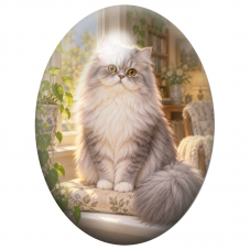 Cabochon en Verre Illustré Chat Persan Gris et Blanc à la Fenêtre 13x18, 18x25 ou 30x40mm pour la Création de Bijoux Fantaisie -