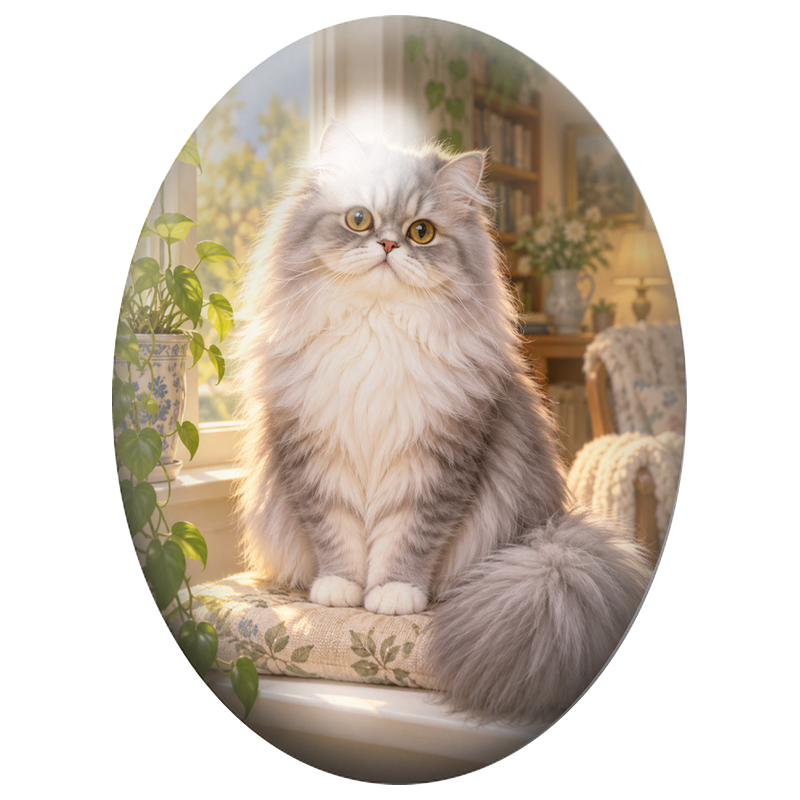Cabochon en Verre Illustré Chat Persan Gris et Blanc à la Fenêtre 13x18, 18x25 ou 30x40mm
