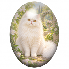 Cabochon en Verre Illustré Chat Persan Blanc dans un Jardin de Roses 13x18, 18x25 ou 30x40mm pour la Création de Bijoux Fantaisi