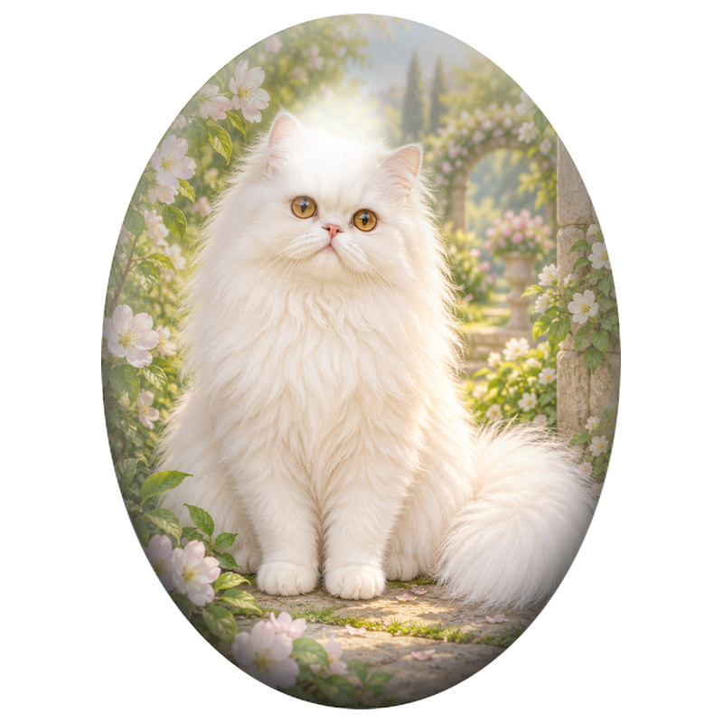 Cabochon en Verre Illustré Chat Persan Blanc dans un Jardin de Roses 13x18, 18x25 ou 30x40mm