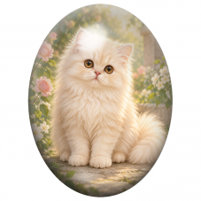 Cabochon en Verre Illustré Chaton Persan Crème parmi les Roses 13x18, 18x25 ou 30x40mm pour la Création de Bijoux Fantaisie - DI