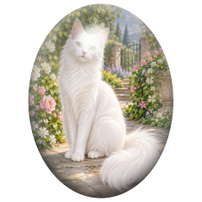 Cabochon en Verre Illustré Chat Angora Blanc dans un Jardin Fleuri 13x18, 18x25 ou 30x40mm pour la Création de Bijoux Fantaisie 