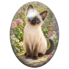 Cabochon en Verre Illustré Chaton Siamois aux Yeux Bleus parmi les Roses 13x18, 18x25 ou 30x40mm pour la Création de Bijoux Fant