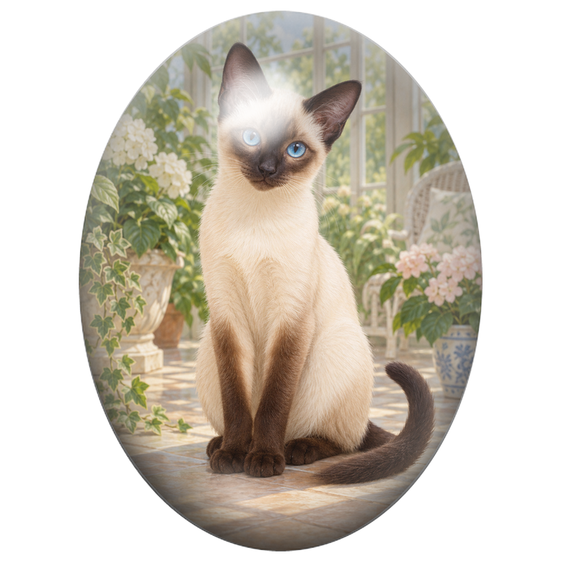 Cabochon en Verre Illustré Chat Siamois dans une Véranda Lumineuse 13x18, 18x25 ou 30x40mm