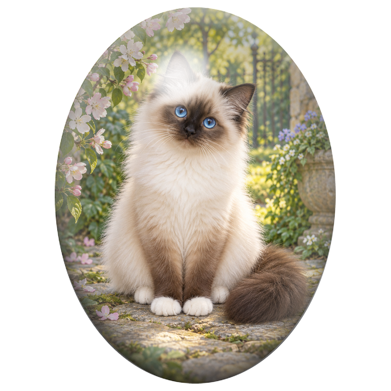 Cabochon en Verre Illustré Chat Sacré de Birmanie sous les Fleurs de Cerisier 13x18, 18x25 ou 30x40mm