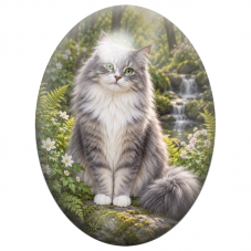 Cabochon en Verre Illustré Chat Sibérien Gris près d’une Cascade 13x18, 18x25 ou 30x40mm pour la Création de Bijoux Fantaisie - 