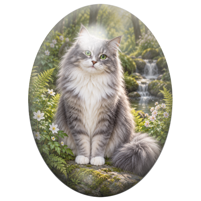 Cabochon en Verre Illustré Chat Sibérien Gris près d’une Cascade 13x18, 18x25 ou 30x40mm