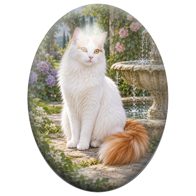 Cabochon en Verre Illustré Chat Blanc et Roux près d’une Fontaine 13x18, 18x25 ou 30x40mm