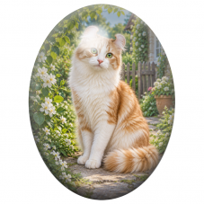Cabochon en Verre Illustré Chat Roux et Blanc dans un Jardin de Campagne 13x18, 18x25 ou 30x40mm pour la Création de Bijoux Fant