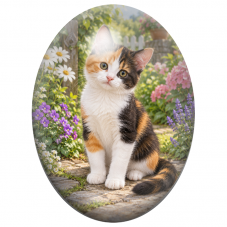 Cabochon en Verre Illustré Chaton Tricolore dans un Jardin Fleuri 13x18, 18x25 ou 30x40mm pour la Création de Bijoux Fantaisie -
