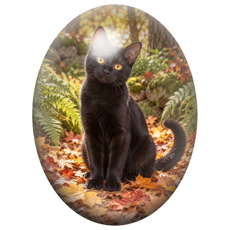Cabochon en Verre Illustré Chat Noir aux Yeux Dorés en Automne 13x18, 18x25 ou 30x40mm